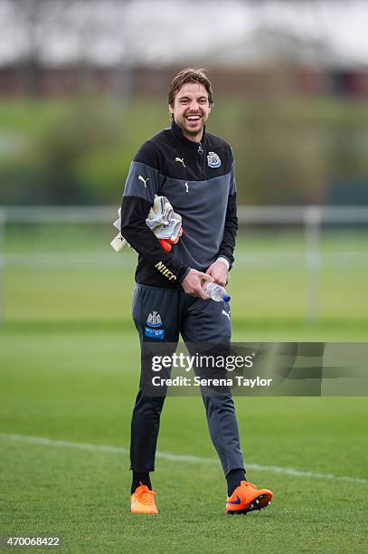 Goal keeper Tim Krul laughs during a Newcastle United Training session at The Newcastle United Training Centre on April 17 in Newcastle upon Tyne,...