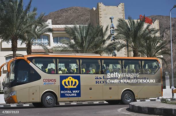 Bus trasporting tourits arrives in Egypt after crossing the Taba Land Port on February 18 two days after a tourist bus exploded in the Egyptian south...