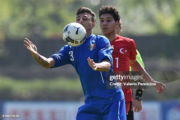 Giuseppe Pezzella of Italy U18 controls the ball against Alici Hayrullah of Turkey U18 during the U18 international friendly match between Italy and...