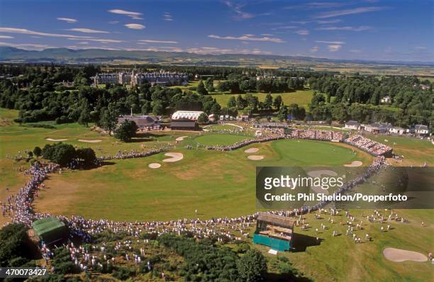 An aerial view of the eighteenth hole during the Scottish Open Golf Tournament held at the Gleneagles Golf Course, Scotland, circa July 1989.