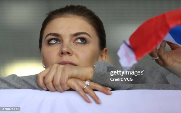 Alina Kabaeva, Russian Olympic champion in rhythmic gymnastics watches the men's Preliminary Round Group A ice hockey match Russia vs Slovakia at...