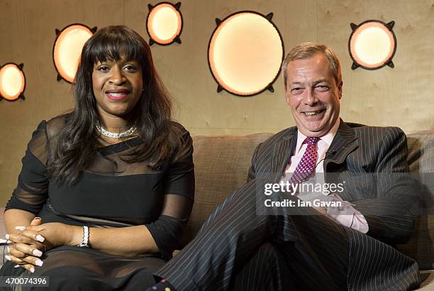 Leader Nigel Farage talks with Bauer City Network presenter Angie Greaves at Bauer Radio on April 17, 2015 in London, England.