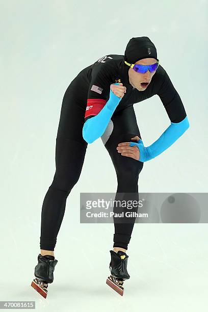 Patrick Meek of the United States reacts after the Men's 10000m Speed Skating event on day eleven of the Sochi 2014 Winter Olympics at Adler Arena...