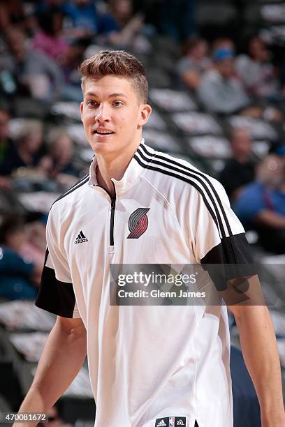 Joel Freeland of the Portland Trail Blazers warms up before a game against the Dallas Mavericks on April 15, 2015 at the American Airlines Center in...