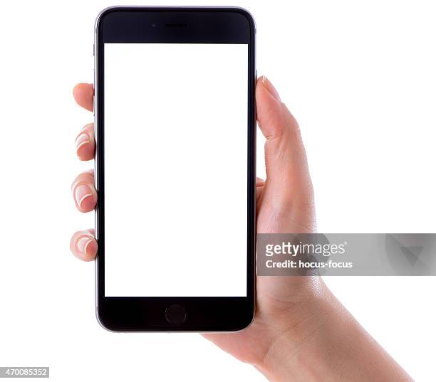 mano agarrando iphone 6 plus sobre fondo blanco - iphone fotografías e imágenes de stock