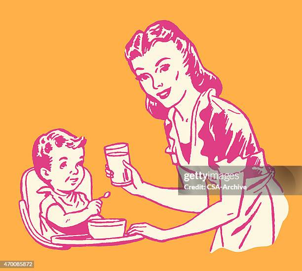 woman feeding child - nanny stock illustrations
