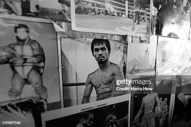 Photo of Manny Pacquiao on the wall before training in prepation for his fight against Floyd Mayweather Jr. At the Wild Card Boxing Club on April 13,...