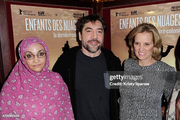 Aminatou Haidar, Javier Bardem and Kerry Kennedy attend the 'Sons Of The Clouds: The Last Colony' documentary press conference at Hotel...