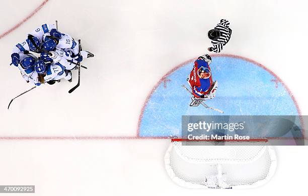 Michelle Karvinen of Finland celebrates after her second goal of the third period against Anna Prugova of Russia during the Women's Classifications...