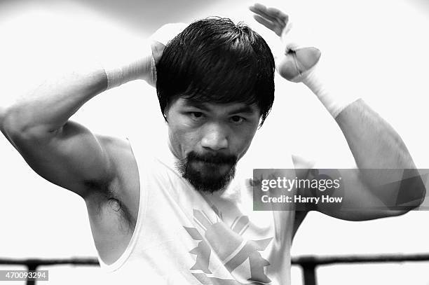 Manny Pacquiao trains in preparation for his fight against Floyd Mayweather Jr. At the Wild Card Boxing Club on April 13, 2015 in Los Angeles,...