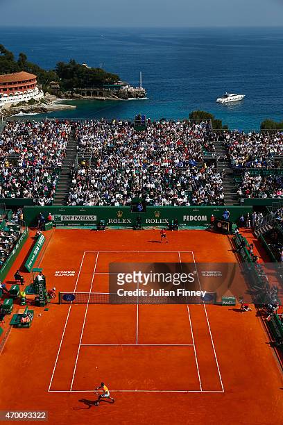 General view of Rafael Nadal of Spain in action against David Ferrer of Spain during day six of the Monte Carlo Rolex Masters tennis at the...