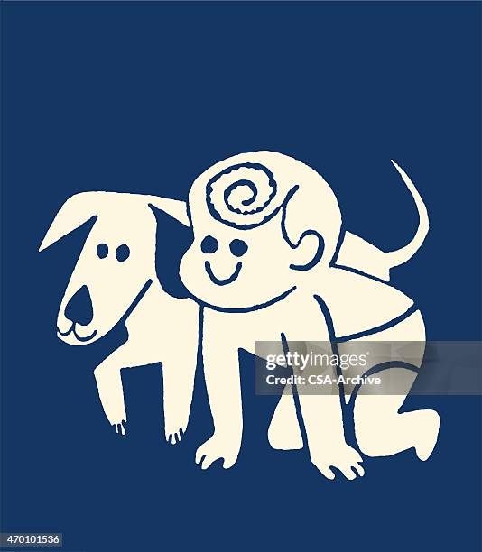 baby and dog at same height - crawling stock illustrations