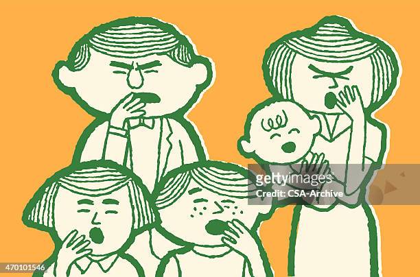 family of five all yawning - yawning mother child stock illustrations