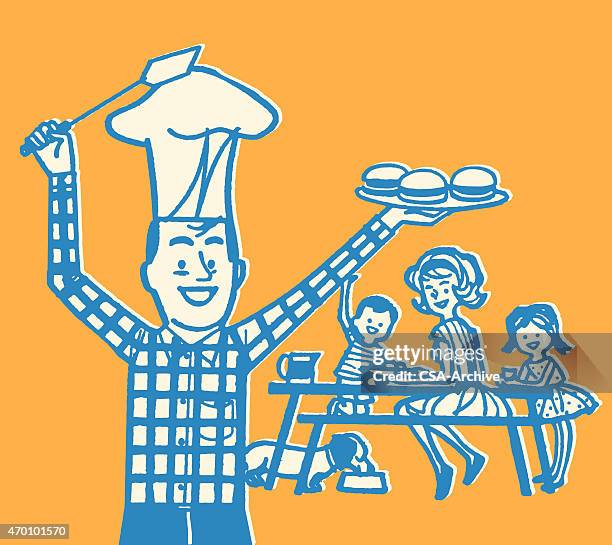 family of four having cookout - family picnic stock illustrations