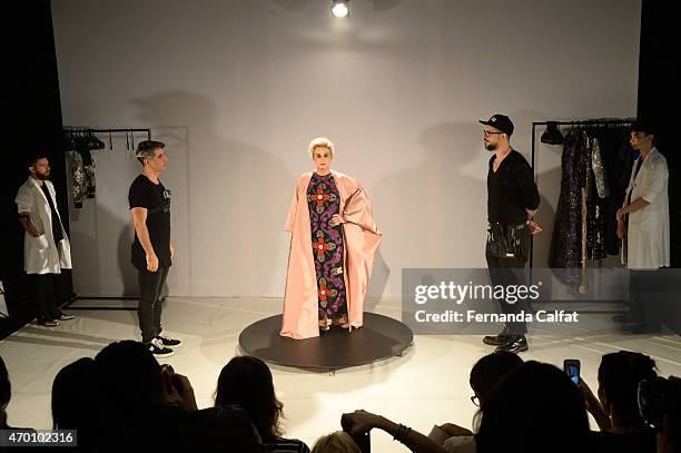 Fause Haten,Ricardo dos Anjos and Flavia Sayhoun walks at Fause Haten Presentation at SPFW Summer 2016 at FH Show Room on April 17, 2015 in Sao...