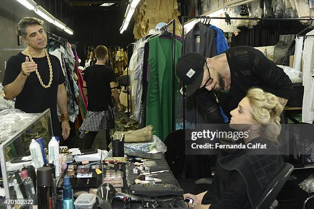 Fause Haten,Ricardo dos Anjos and Flavia Sayhoun attends at Fause Haten Presentation at SPFW Summer 2016 at FH Show Room on April 17, 2015 in Sao...