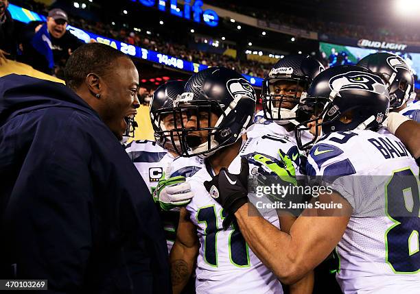 Wide receiver Percy Harvin of the Seattle Seahawks celebrates his 2nd half kickoff return during the third quarter of Super Bowl XLVIII at MetLife...