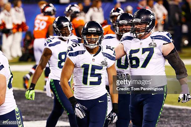 Wide receiver Jermaine Kearse of the Seattle Seahawks celebrates after scoring a 23 yard touchdown during Super Bowl XLVIII against the Denver...
