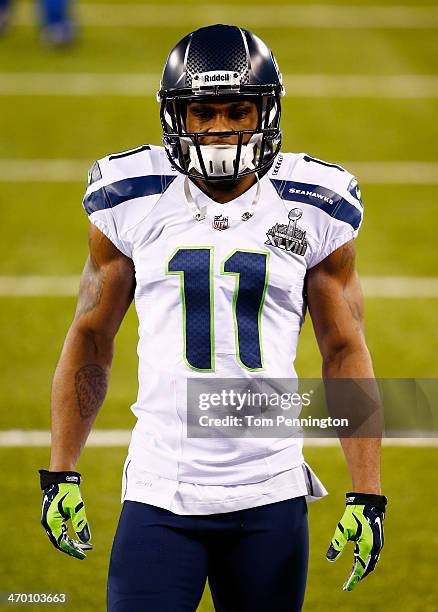 Wide receiver Percy Harvin of the Seattle Seahawks during Super Bowl XLVIII against the Denver Broncos at MetLife Stadium on February 2, 2014 in East...