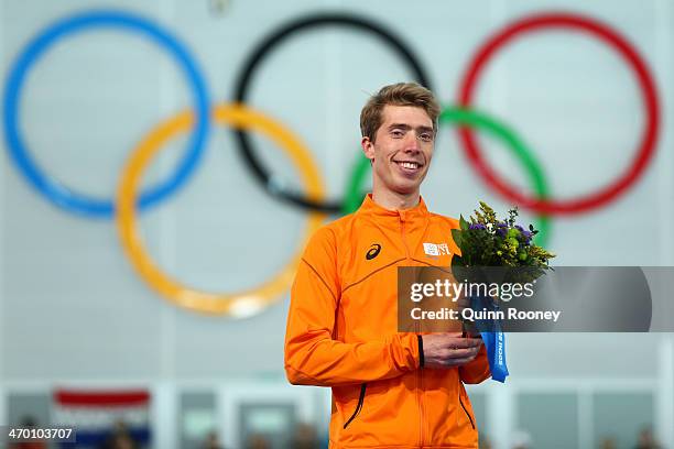 Gold medalist Jorrit Bergsma of the Netherlands celebrates during the flower ceremony for the Men's 10000m Speed Skating event on day eleven of the...