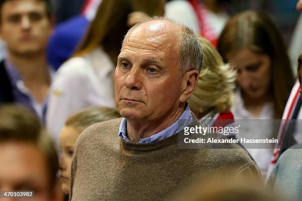 Uli Hoeness attends the Beko Basketball Bundesliga match between FC Bayern Muenchen and Brose Baskets Bamberg at Audi-Dome on April 17, 2015 in...