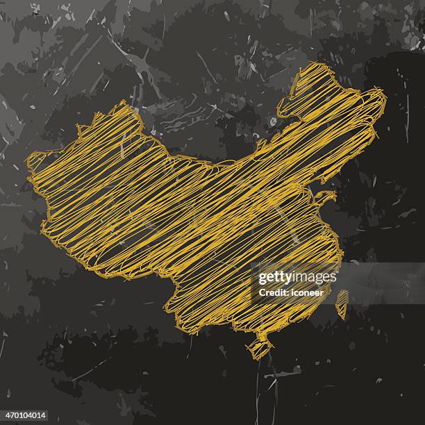 china map yellow sketched on dark chalkboard background - chinese pattern border stock illustrations