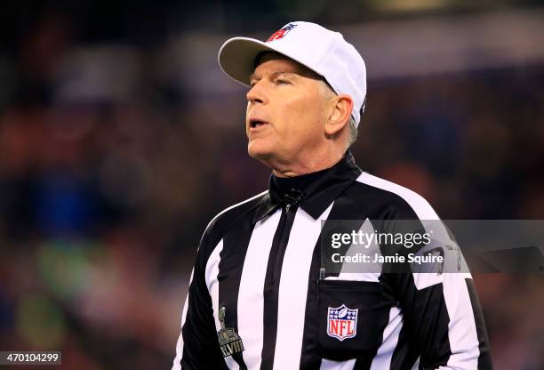 Referee Terry McAulay is shown during Super Bowl XLVIII at MetLife Stadium between the Denver Broncos and the Seattle Seahawks on February 2, 2014 in...