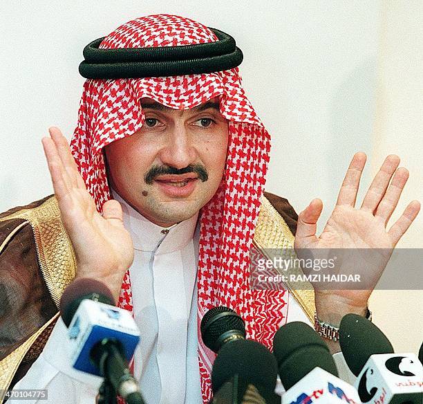 Saudi tycoon Prince Al-Walid ibn Talal addresses reporters, 26 May in Beirut, after he signed a 250-million-dollar deal to build a Four Seasons hotel...