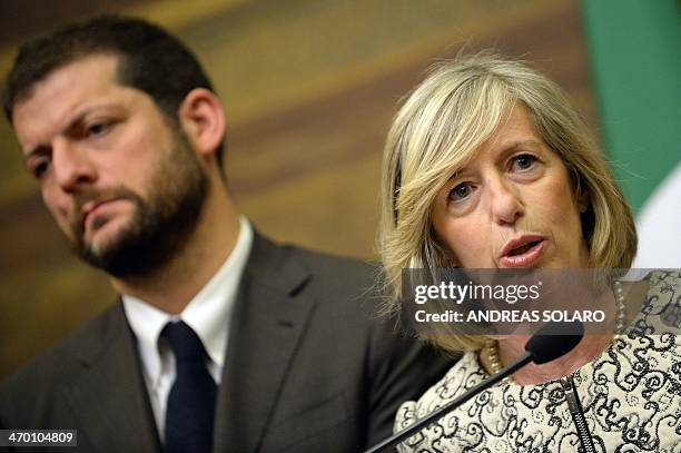 Scelta Civica party's members Stefania Giannini and Andrea Romano give a press conference after being consulted by Italian Prime Minister Matteo...