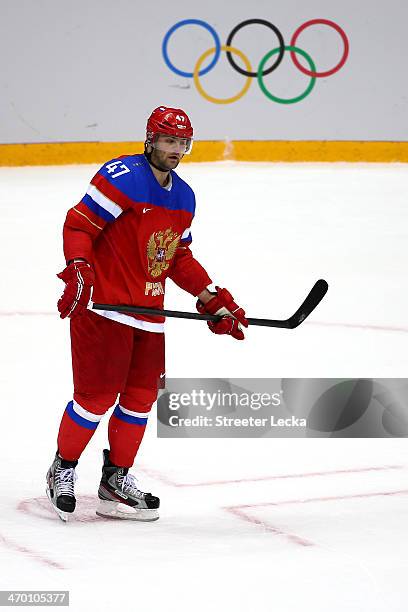 Alexander Radulov of Russia celebrates after scoring an open net goal in the third period against Norway during the Men's Ice Hockey Qualification...
