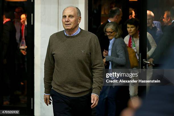 Uli Hoeness attends the Beko Basketball Bundesliga match between FC Bayern Muenchen and Brose Baskets Bamberg at Audi-Dome on April 17, 2015 in...