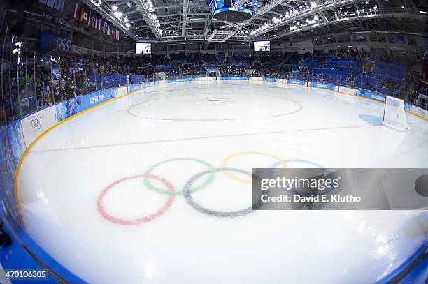 Winter Olympics: View of ice with olympic rings on ice before USA vs Slovenia game during Men's Preliminary Round - Group A at Shayba Arena. Sochi,...