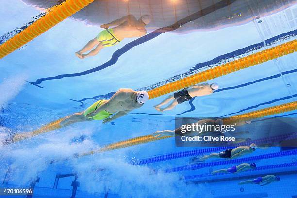 Adam Peaty of County of Derby competes in the Men's 100m Breaststroke Final on day four of the British Swimming Championships at the London Aquatics...