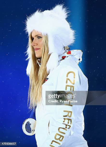Silver medalist Gabriela Soukalova of the Czech Republic celebrates on the podium during the medal ceremony for the Women's 12.5 km Mass Start on day...