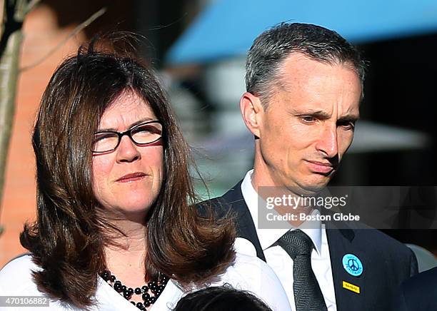 The two year anniversary of the Boston Marathon bombings was marked by a banner unveiling on Boylston Street at the finish line area. Bill and Denise...
