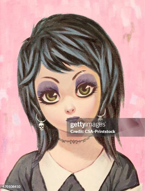 ilustraciones, imágenes clip art, dibujos animados e iconos de stock de big-eyed girl goes gótico - goth