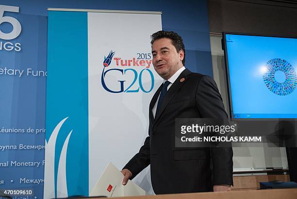 Turkish Deputy Prime Minister in charge of the economy Ali Babacan arrives for the G20 press conference at the IMF/WB Spring Meetings in Washington,...