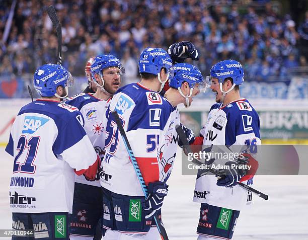 Frank Mauer of Adler Mannheim celebrates after scoring a goal during the DEL Play off match Final Game Four between ERC Ingolstadt and Adler Mannheim...