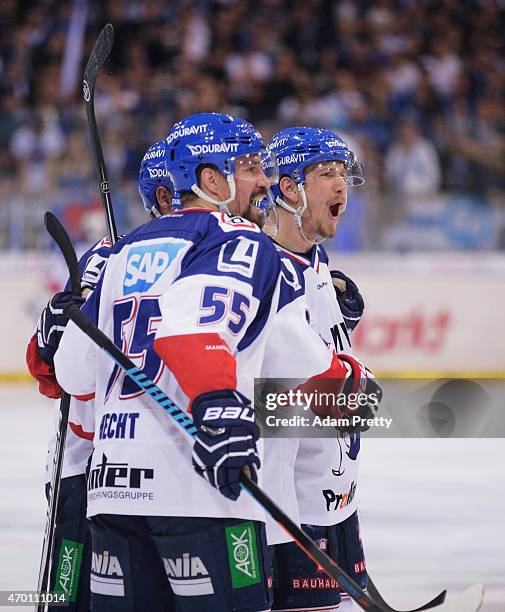 Frank Mauer of Adler Mannheim celebrates after scoring a goal during the DEL Play off match Final Game Four between ERC Ingolstadt and Adler Mannheim...