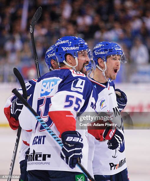 Frank Mauer of Adler Mannheim celebrates after scoring a goal during the DEL Play off match Final Game Four between ERC Ingolstadt and Adler Mannheim...