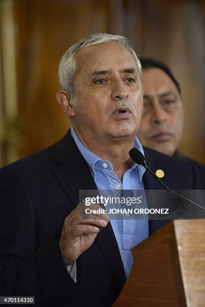 Guatemalan President Otto Perez Molina speaks during a press conference at the presidential residence in Guatemala City on April 17, 2015. Perez...