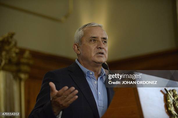 Guatemalan President Otto Perez Molina speaks during a press conference at the presidential residence in Guatemala City on April 17, 2015. Perez...