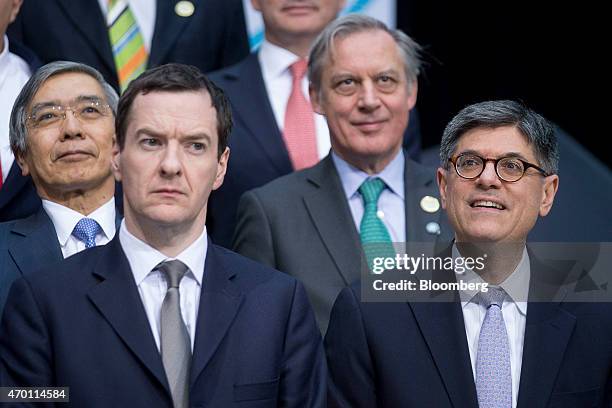 Haruhiko Kuroda, governor of the Bank of Japan , from left, George Osborne, U.K. Chancellor of the exchequer, Christian Noyer, governor of the Bank...