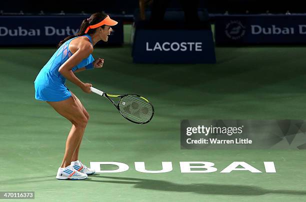 Ana Ivanovic of Serbia celebrates in her match against Angelique Kerber of Germany during day two of the WTA Dubai Duty Free Tennis Championship at...