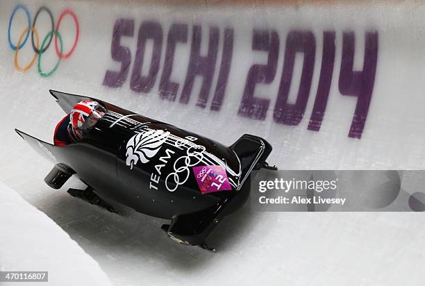 Paula Walker and Rebekah Wilson of Great Britain team 1 make a run during the Women's Bobsleigh heats on day 11 of the Sochi 2014 Winter Olympics at...