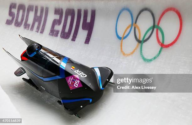 Cathleen Martini and Christin Senkel of Germany team 2 make a run during the Women's Bobsleigh heats on day 11 of the Sochi 2014 Winter Olympics at...