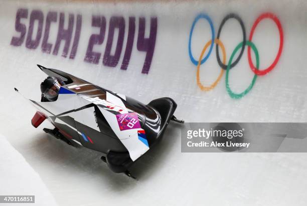 Elana Meyers and Lauryn Williams of the United States team 1 make a run during the Women's Bobsleigh heats on day 11 of the Sochi 2014 Winter...