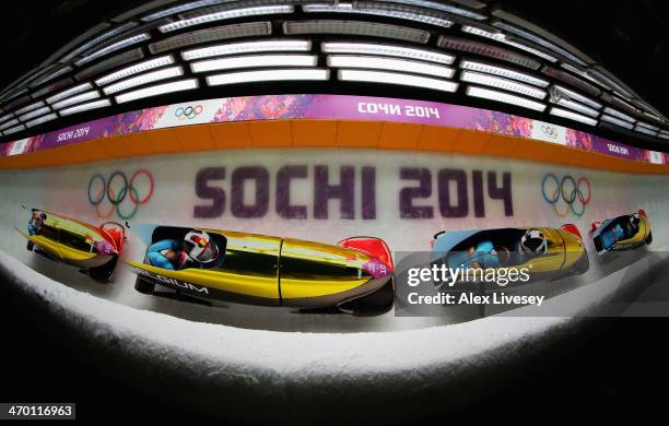 Elfje Willemsen and Hanna Emilie Marien of Belgium team 1 make a run during the Women's Bobsleigh heats on day 11 of the Sochi 2014 Winter Olympics...