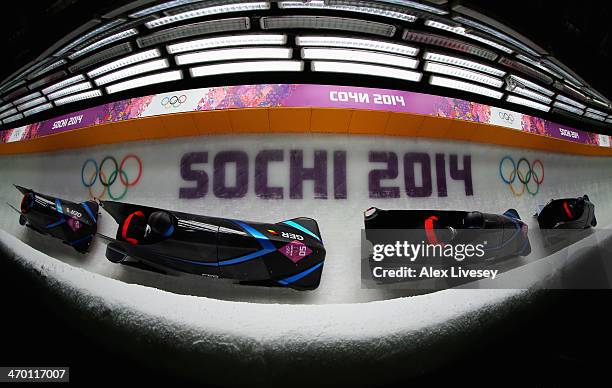 Cathleen Martini and Christin Senkel of Germany team 2 make a run during the Women's Bobsleigh heats on day 11 of the Sochi 2014 Winter Olympics at...