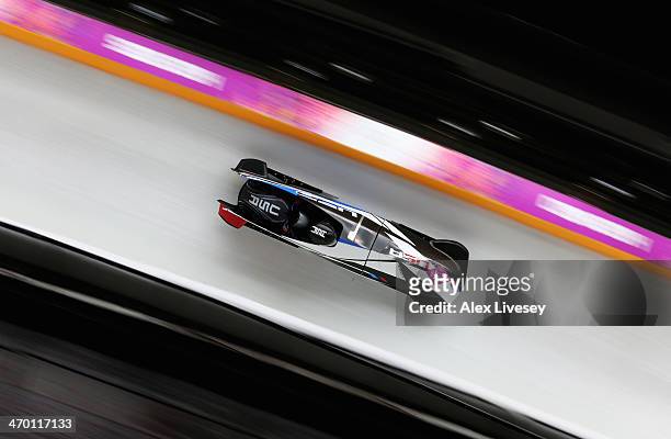 Jamie Greubel and Aja Evans of the United States team 2 make a run during the Women's Bobsleigh heats on day 11 of the Sochi 2014 Winter Olympics at...